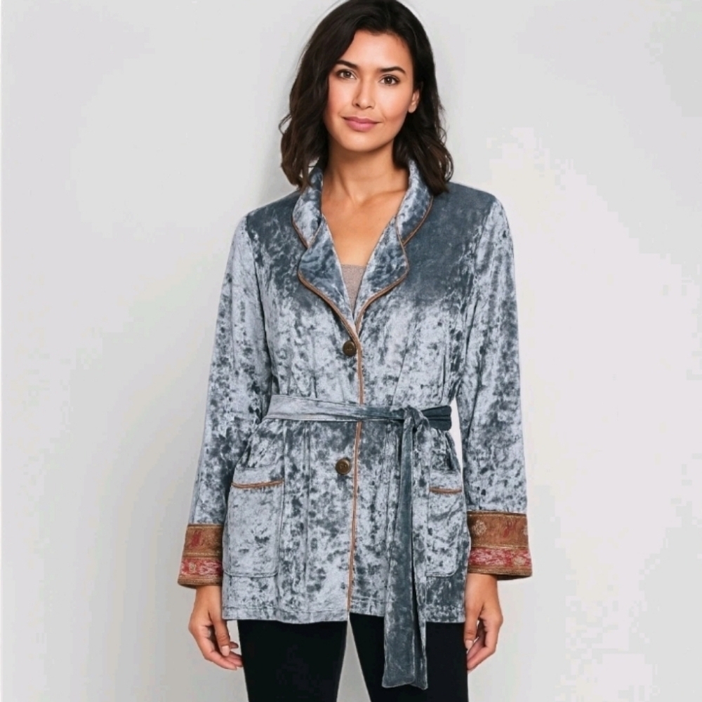 Aratta Silent Journey Crushed Velvet Smoking Jacket Blue Embroidered Boho Small